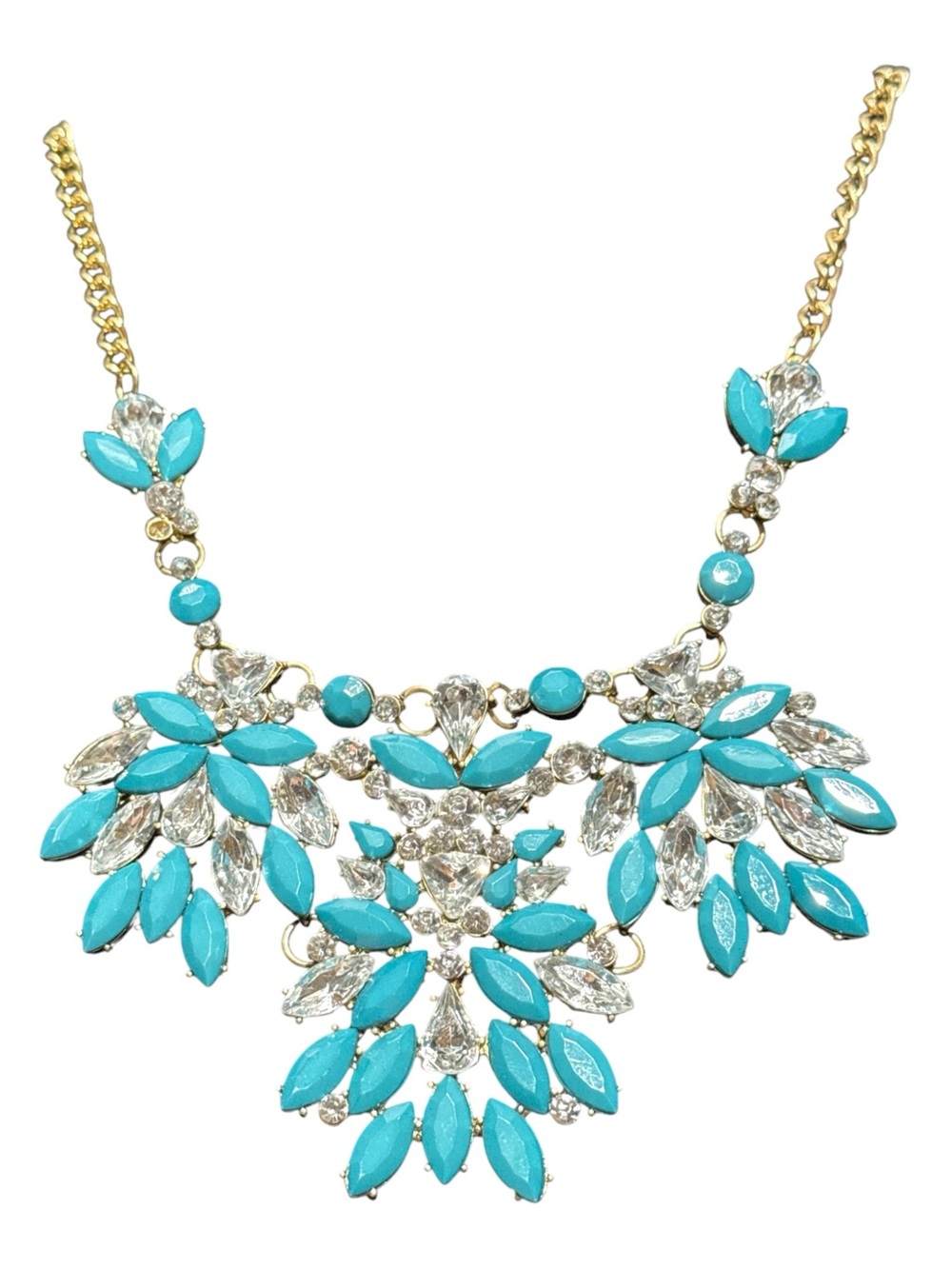 SUGARFIX Turquoise Crystal Floral Statement Bib Necklace Gold Tone EUC